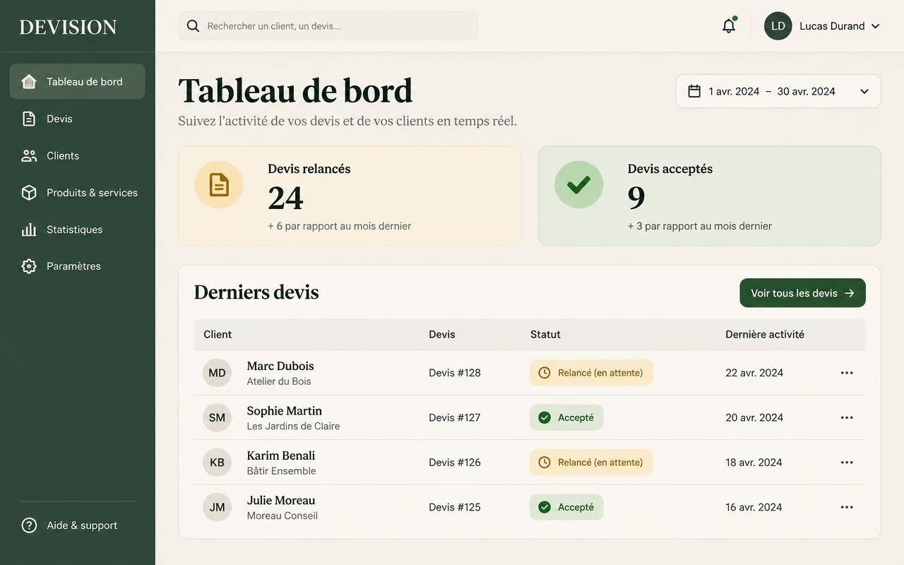 Interface DEVISION : clients relancés en attente et devis acceptés